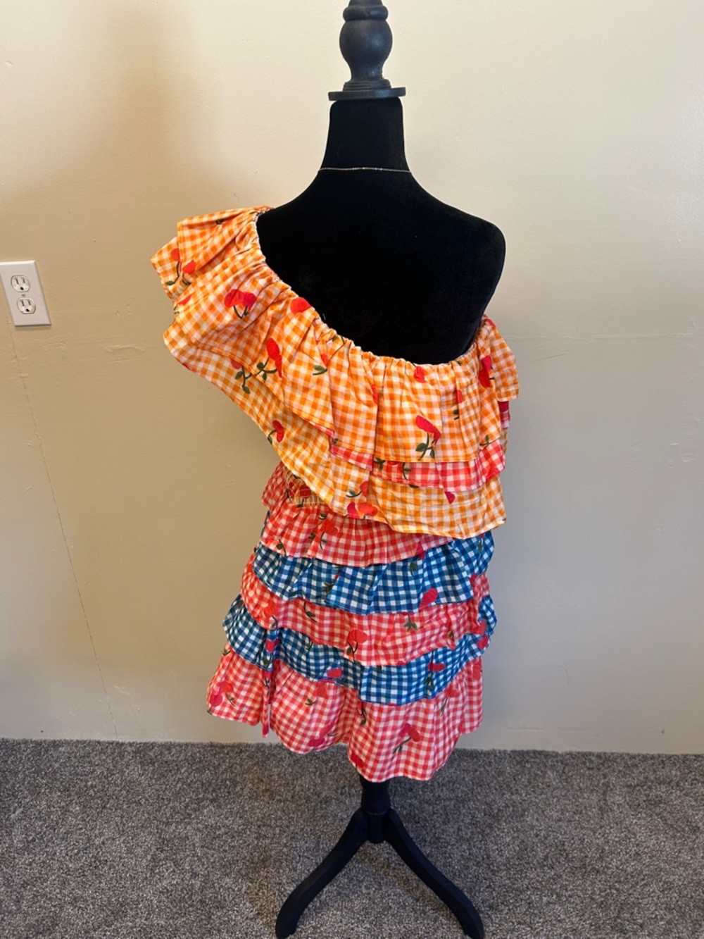 FARM Rio One-Shoulder Ruffle Gingham Dress with Cherry Print - Orange/Blue/Red - Picture 5 of 6